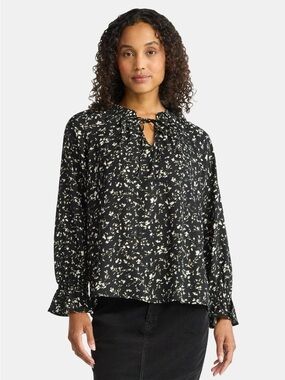 Time and Tru Black Floral Tie-Neck Blouse